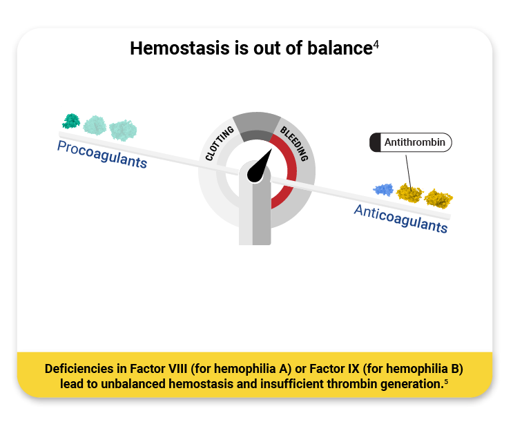 Scale graphic showing hemostasis is out of balance. Deficiencies in Factor (for hemophilia A) or Factor 1X (for hemophilia B) lead to unbalanced hemostasis and insufficient thrombin generation.