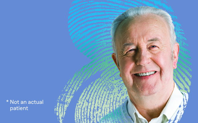 Graphic with the text 'Thymoglobulin® [Anti‑thymocyte Globulin (Rabbit)'] with antibody symbol icon on a blue background with kidney line patterns behind a man and a small disclaimer 'Not an actual patient'.