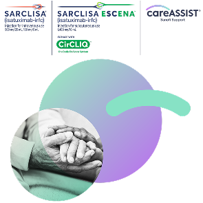 Graphic showing the SARCLISA® and SARCLISA ESCENATM with CirCLIQ on‑body delivery system logos and CareASSIST support program branding at the top, above an abstract circular gradient design and a grayscale photograph of two pairs of hands clasped together.