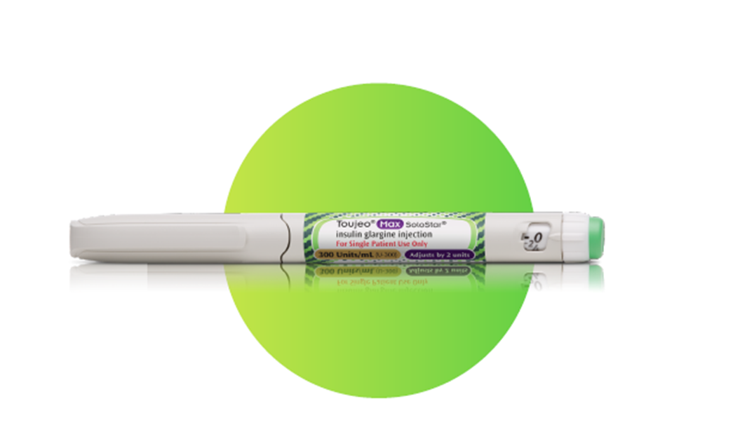 Toujeo® Max SoloStar® pen within a yellow-green gradient circle.