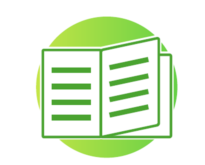 Open book icon within a green gradient circle.
