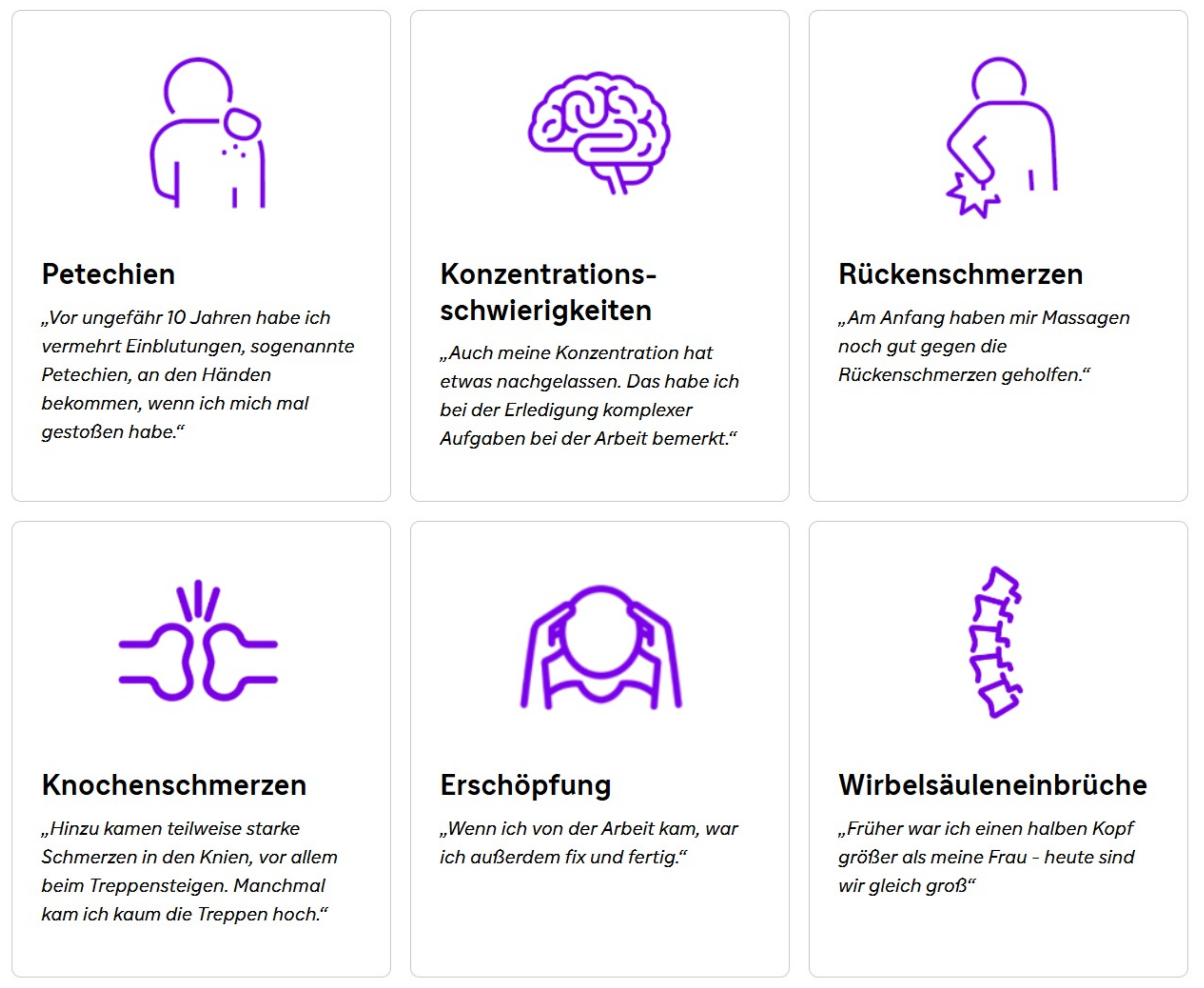 Sechs lila Piktogramme zeigen Symptome von Morbus Gaucher: Petechien an Schulter, Gehirn, Person mit Rückenschmerzen, schmerzende Gelenke, erschöpfte Person und Wirbelsäule.