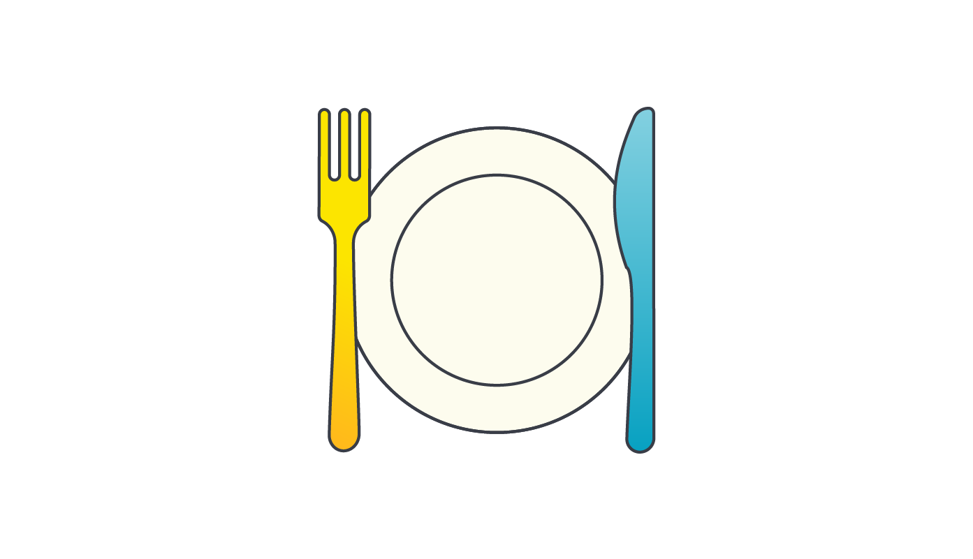 Icon of dinner plate with knife and fork.