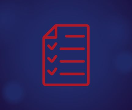 Rotes Symbol eines Dokuments mit drei Häkchen und Linien auf blauem Hintergrund.