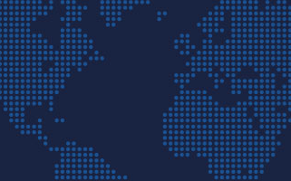 Digital illustration of a blue dotted world map on a dark blue background overlaid with a fading white outlined hexagonal pattern.