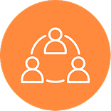 Icon of three person connected by curved lines in a triangular network in an orange circle.