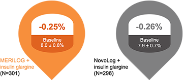 Graphic showing MERILOG + insulin glargine (N=301) and NovoLog + insulin glargine (N=296). The MERILOG group shows a -0.25% reduction from a baseline of 8.0 ± 0.8%, while the NovoLog group shows a -0.26% reduction from a baseline of 7.9 ± 0.7%