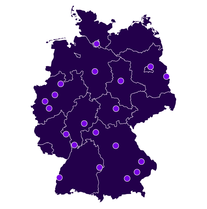 Grafische Karte von Deutschland mit Standortpunkten der Morbus Fabry Zentren