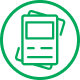 Green icon of stacked documents.