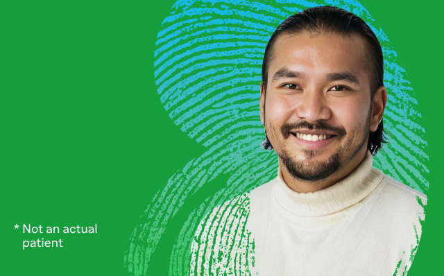 Graphic with the text ‘Thymoglobulin® [Anti‑thymocyte Globulin (Rabbit)’] with an injection bottle icon on a green background with kidney line patterns behind a man and a small disclaimer ‘Not an actual patient’.