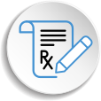 Icon of a prescription scroll with an Rx symbol and pencil.