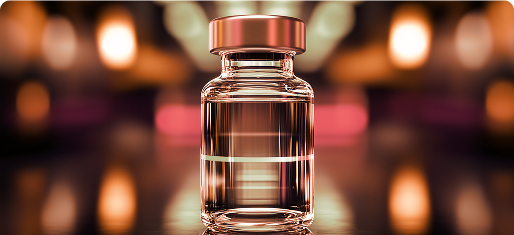Illustration representing glass vial with clear liquid and a metal cap, with a glowing blurred background.